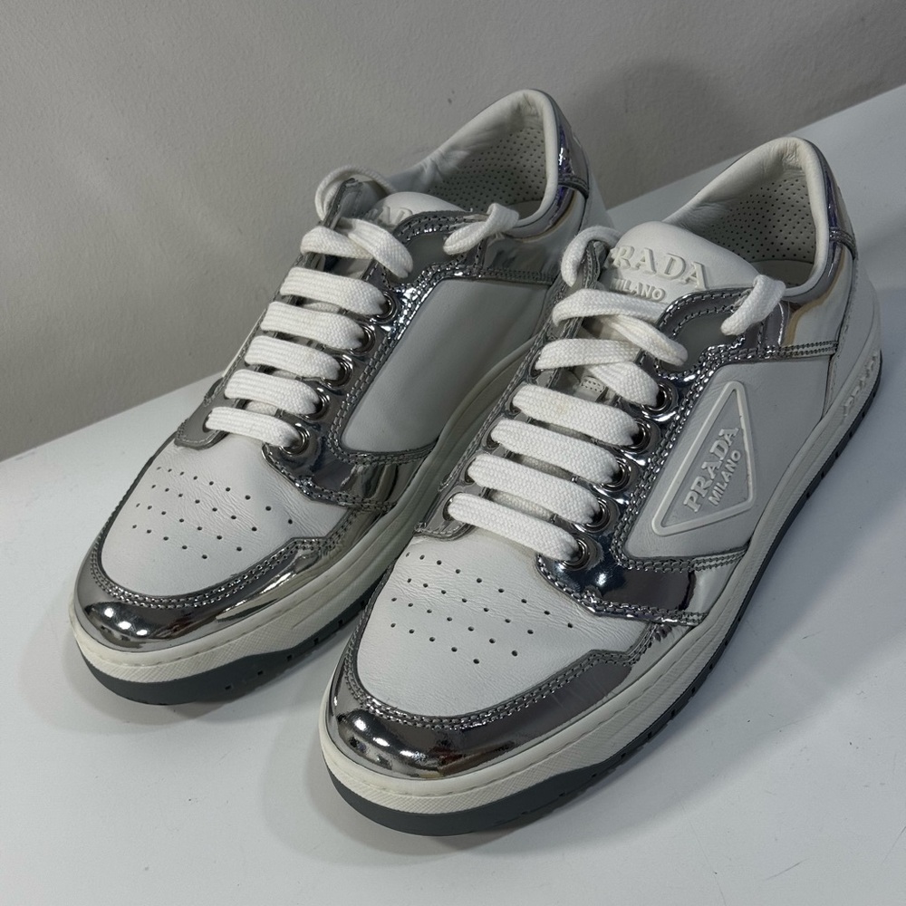 Prada Downtown Metallic Silver and White Sneakers
